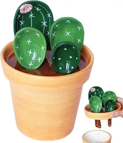 Outils de mesure cuillères à Cactus en céramique, ensemble de 4 cuillères de cuisine mignonnes et 1 tasse dans un Pot organisateur pour mesures sèches et humides