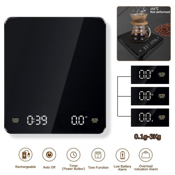 Outils de mesure des balances électroniques de café verser sur l'espresso 3kg 01g LED TIMER AUTO Smart Kitchen Scale intégrée Batterie USB Charge 230422