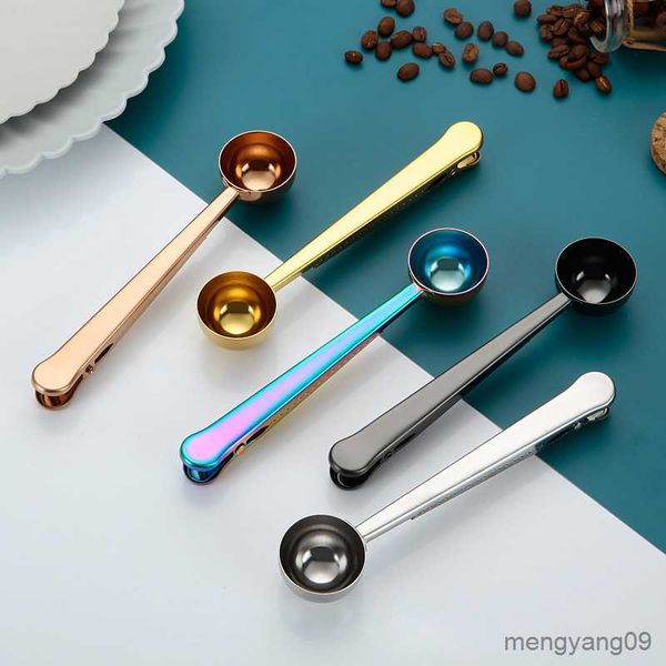 Outils de mesure Cuillère à café avec clip d'étanchéité Cuillères à mesurer d'étanchéité à long manche en acier inoxydable Deux-en-un Accessoires de cuisine R230704