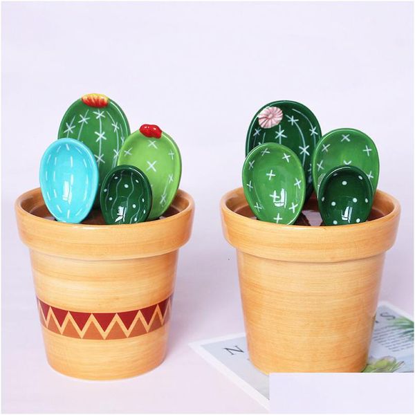 Outils de mesure Creative Cactus Tasses en céramique et cuillère Cuillère Balance de cuisson Ménage Cuisine Sel Sucre Vaisselle pour 230505 Drop Livraison Ho Dh4NE