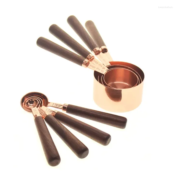 Herramientas de medición, juego de cucharas y tazas, mango de madera, cuchara de Metal chapada en acero inoxidable, Kit para hornear, accesorios de cocina