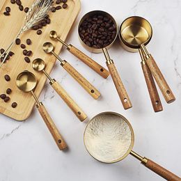 Outils de mesure, ustensiles de cuisine dorés, ensemble de balances, tasses et cuillères en acier inoxydable avec manche en bois