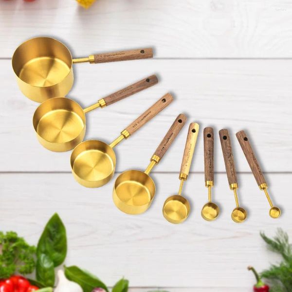 Outils de mesure, ensemble de tasses en métal avec manche en bois, tasse à mesurer de cuisine, cuillère en acier inoxydable, barre d'or empilable, cuisson