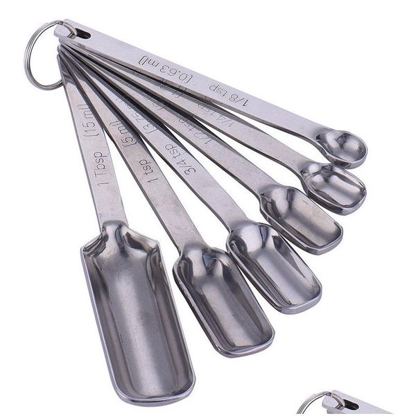 Herramientas de medición Estrechas 6 unids / set Cucharas medidoras de acero inoxidable Juego de tazas Herramientas para hornear Kits de té de café Cocina Hogar Jardín Cocina Dhwju