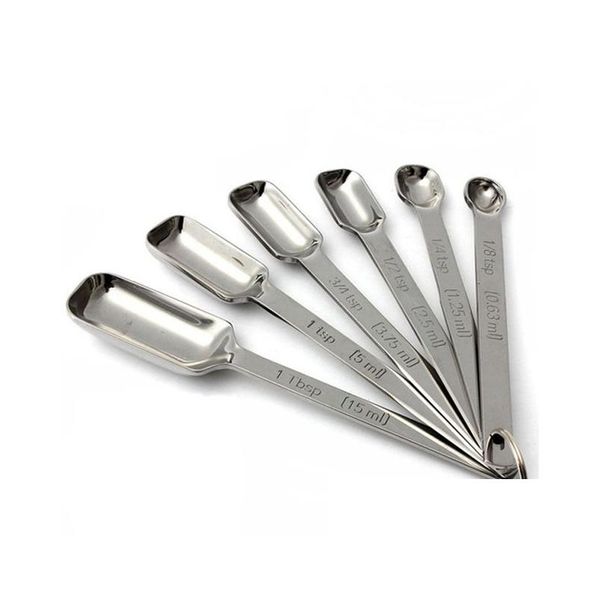 Outils de mesure Cuillères à mesurer les épices en acier inoxydable étroites pour pots à bouche fine Ensemble de 6 cuisson et cuisson Drop Delivery Home Garde Dhwi8