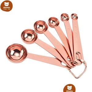 Herramientas de medición Cuchara medidora de cobre de acero inoxidable Herramientas para hornear de cocina Cucharas medidoras de oro rosa Taza 6 unids / set Wjy591 Entrega de gota Dhc9R