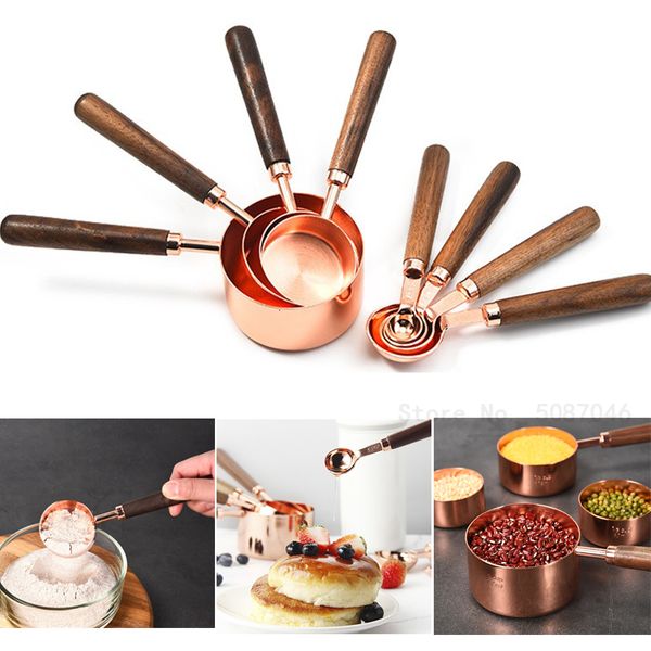 Outils de mesure Manche en bois de noyer plaqué cuivre or Rose cuillère à mesurer tasses cuisine fournitures de cuisson barman outils de mesure ensemble de cuisine 230422