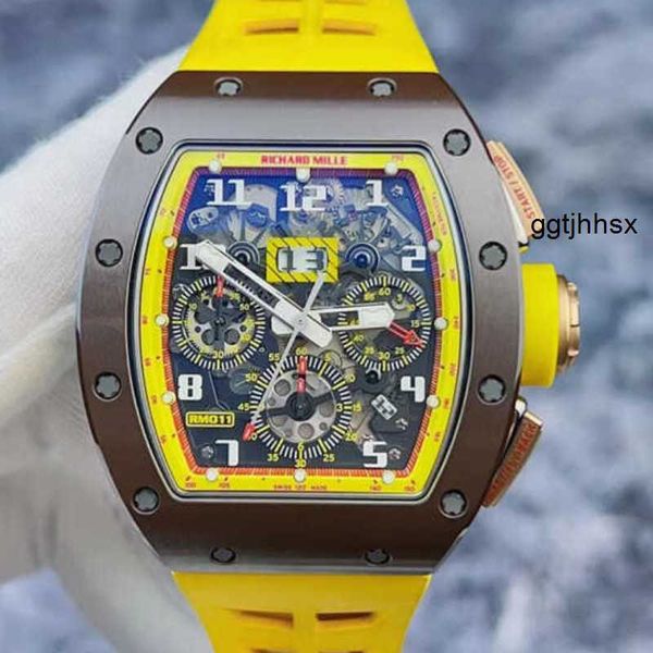 Movimiento automático mecánico RM Reloj de pulsera Richardmillle Reloj de pulsera RM011 Círculo de cerámica Marrón Amarillo Color a juego Función de tiempo Hueco