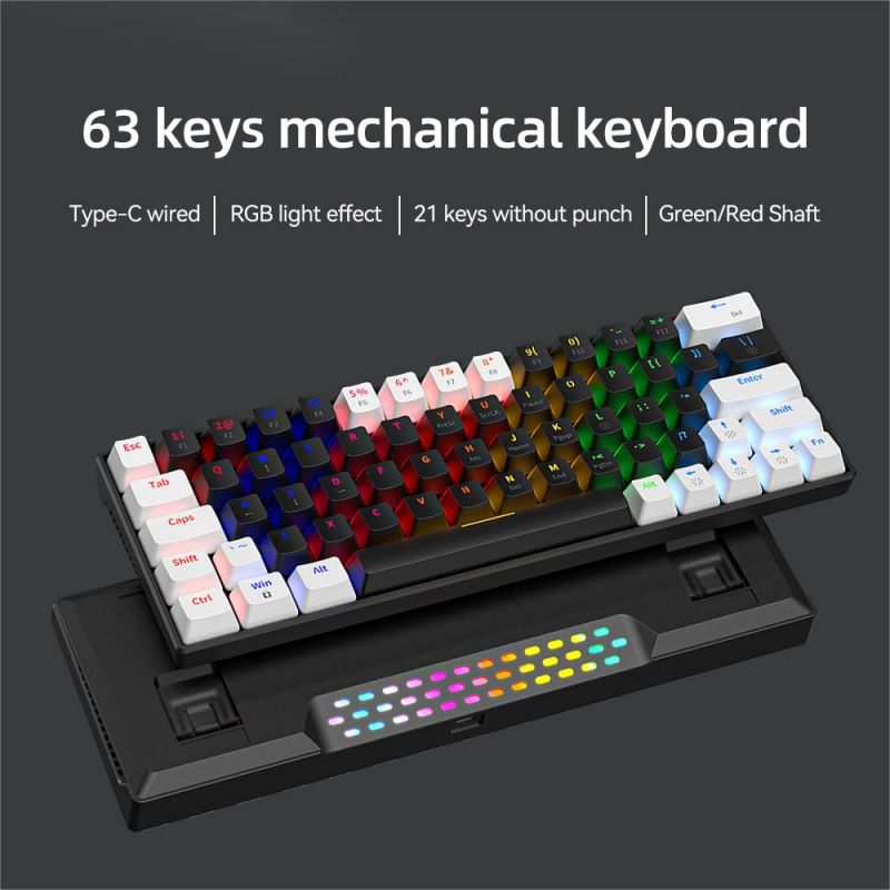 mechanical keyboard 63 keys blue red switch cooling rgb backlit keypad usb c wired 60% leyout compact ergonomic gaming keyboard