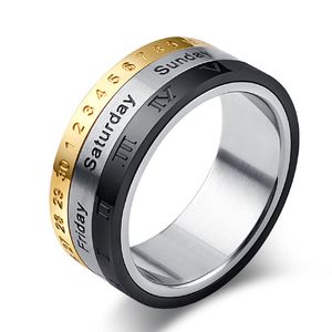 Mechanische roteerbare titanium roestvrijstalen ringband Romeinse cijfers Tijd draaiende roterende ringen voor mannen Women Fashion Jewelry