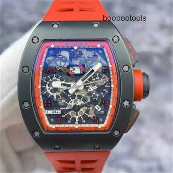 Reloj mecánico Cronógrafo Richardmill Relojes de pulsera de lujo Relojes para hombre Richardmill RM011FM Midnight Fire Global Edición limitada de 88 negro rojo hueco F6JK