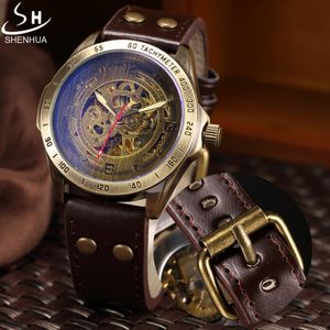 Mechanisch horloge Men Shenhua Retro Bronze Sport Luxury topmerk Leather Watch Skelet Skelet Automatic Watches Relogio Masculino Y19062004 305E