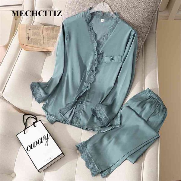 Mechcitiz Pajamas Satin Femmes 2pcs Sleep Sleep Sexy Wightwear Pantalon Pantalons d'automne Soie Pajama Kimono Peignoir Nightwear 210809