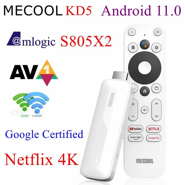 Clé TV Mecool KD5 pour Netflix 4K HD Android 11 Smart TV Box certifié Google 1G 8G WiFi 2.4G/5G Prime Video HDR 10 AV1