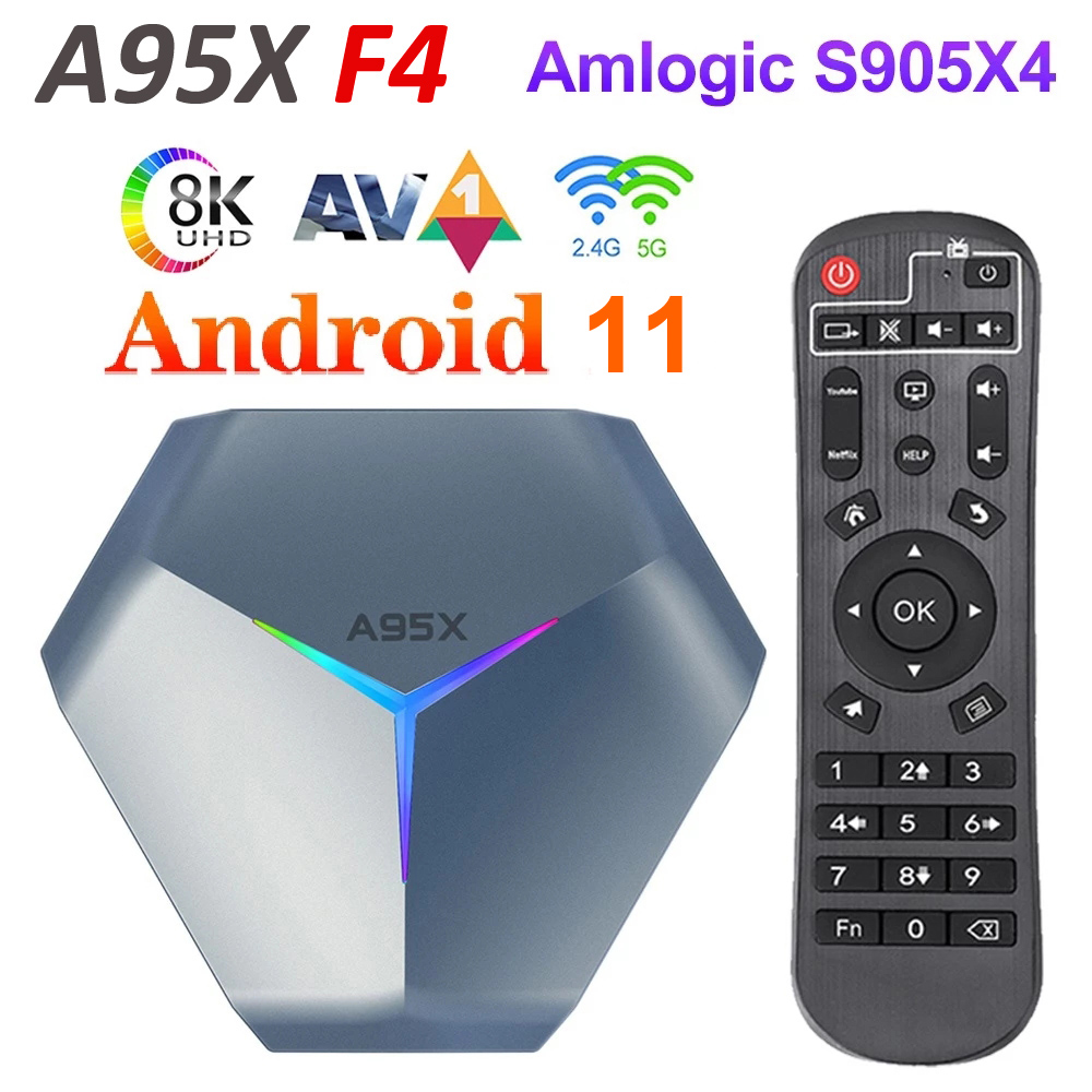 A95x F4 Amlogic S905x4 Smart Android 11 Caixa de TV 4K HD YouTube 4GB RAM 32GB 64GB ROM 2.4G / 5GHz WIFI RGB Light Set Top Box
