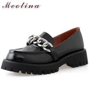 Med Hakken Koe Split Lederen Loafers Schoenen Vrouw Platform Chunky Hak Pumps Ketting Ronde Teen Dames Schoenen Black Maat 40 210517