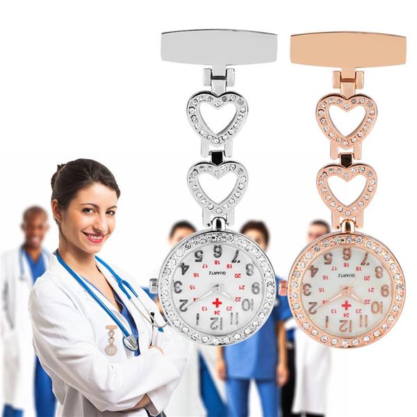 Montre médicale d'infirmière de diamant de fleur de coeur - gousset de quartz d'acier inoxydable avec le pendentif de poche - argent or rose307w