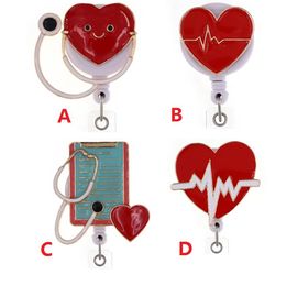 Llaveros médicos con forma de corazón, soporte de identificación retráctil con diamantes de imitación para accesorios de nombre de enfermera, carrete de insignia con clip de cocodrilo 254x