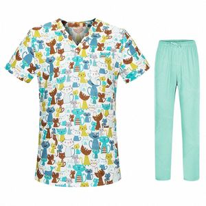 Uniformes médicos para mujer, blusa con estampado de cuello en V y 3 bolsillos, ropa de trabajo clínica, Tops, camiseta informal, tienda de mascotas, ropa de trabajo S8JF #