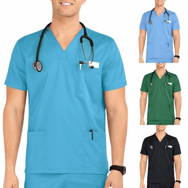 Uniformes médicaux Uniformes d'infirmière pour hommes Vêtements de travail Couleur unie Manches courtes Col en V Hommes T-shirts avec poche Vêtements respirants d'été 46JX #