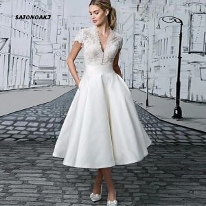 Medicina Vestidos De Novia 2023 Vestidos De Novia cortos De satén De encaje Vintage para mujer Vestidos De Novia bata Mariage Sukienka Francia tienda en línea