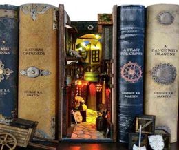 Bibliothèque médiévale insert Ornement en bois Dragon Alley Livre Nook Art Berdres Salle d'étude Libris Figurines Craft Home Decor H1103966097