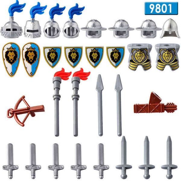 Castle Medieval Blue Lion Knight King King Knight avec armes Action Figurines Bâtiments Blocs de construction Jouets pour enfants Cadeau 9801 9802 Y1130