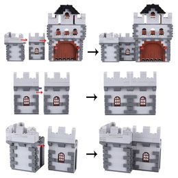 Middeleeuwse Castle Town Muur Bouwstenen Oude militaire belegering Wapen Tent Wachttoren Wagen Bonfire koets bakstenen speelgoed