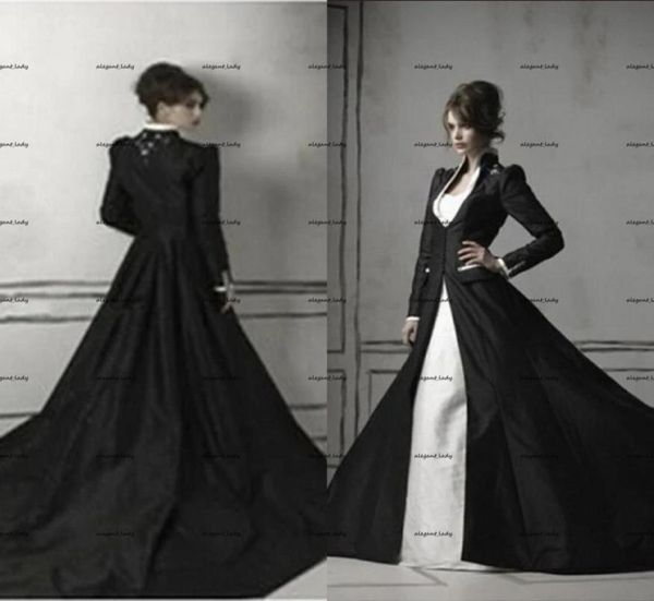 Chapelle médiévale Train Perles Satin Top Robes De Mariée vintage noir blanc Gothique broderie Robes De Mariée Avec Manches Longues coa5457470