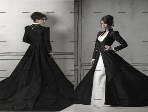 Chapelle médiévale Train Perles Satin Top Robes De Mariée vintage noir blanc Gothique broderie Robes De Mariée Avec Manches Longues coa9807416