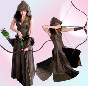 Middeleeuwse Cosplay Fashion Women Anime Viking Renaissance Hooded Archer Come Leather Long Jurk Mouwlive Masquerade 2022 Nieuwe T22087853575