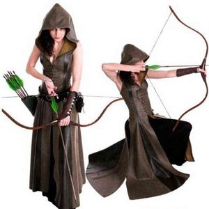 Middeleeuwse Cosplay Mode Vrouwen Anime Viking Renaissance Hooded Archer Komen Lederen Lange Jurk Mouwloos Maskerade 2022 Nieuwe T22083105