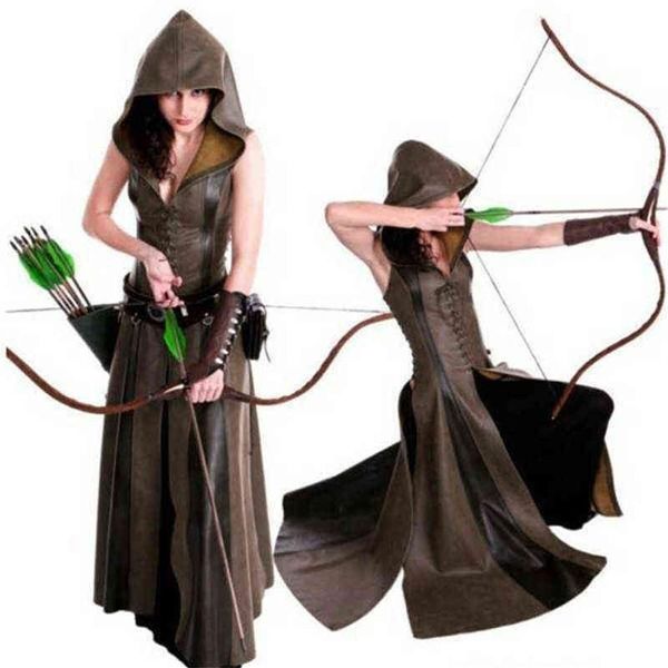 Medieval Cosplay Moda Mujeres Anime Vikingo Renacimiento Arquero con capucha Viene Vestido largo de cuero Sin mangas Mascarada 2022 Nuevo T2208217E