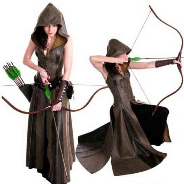 Cosplay médiéval mode femmes Anime Viking Renaissance à capuche Archer Come robe longue en cuir sans manches mascarade 2022 nouveau T2208281E