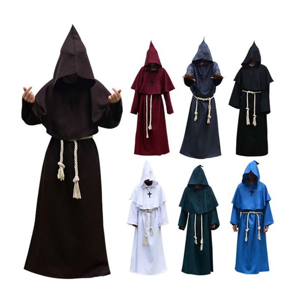 Costume medievale Uomo Donna Vintage Rinascimento Monaco Cosplay Cappuccio Frate Sacerdote Abito con cappuccio Corda Mantello Mantello Abbigliamento Taglia S-XL250i