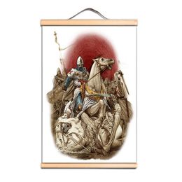 Tableau mural médiéval croisé guerrier pour chambre et bureau - Décoration murale - Chevaliers templiers - Affiche vintage en bois massif - Peinture LZ01