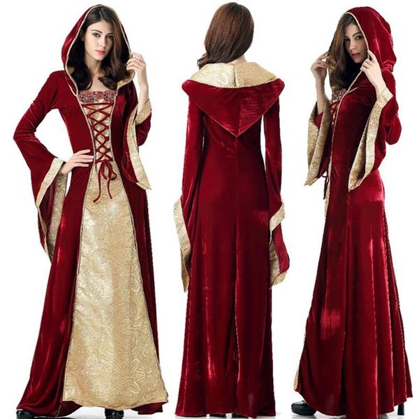 Robe médiévale Robe femmes Renaissance Robe princesse reine Costume velours cour femme de chambre Halloween Costume Vintage à capuche Gown317z