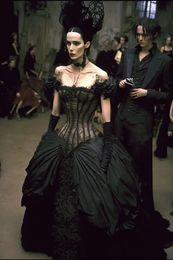 Middeleeuwse historische zwart korset prom jurken gothic cosplay avondjurken van de schouderbal jurk speciale gelegenheid slijtage drop taille vintage maskerade jurk