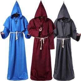 Tema de ropa de monje medieval Asistente de disfraces Sacerdote Death Robe Cosplay Juego de trajes de Halloween con cintura y cruz Pendan239i