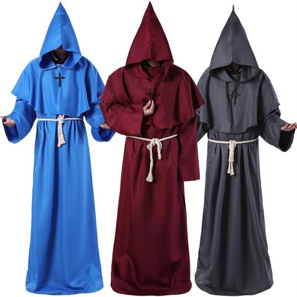 Vêtements de moine médiéval Costume à thème Assistant prêtre robe de mort cosplay jeu de rôle costumes d'Halloween avec ligne de taille et croix pendan236A