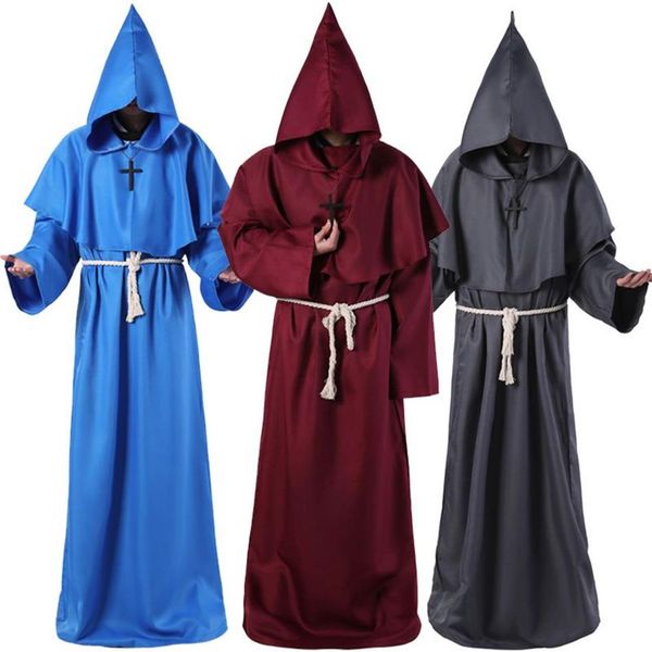 Vêtements de moine médiéval Costume de thème Assistant prêtre robe de mort cosplay jeu de rôle costumes d'Halloween avec ligne de taille et croix pendan197F