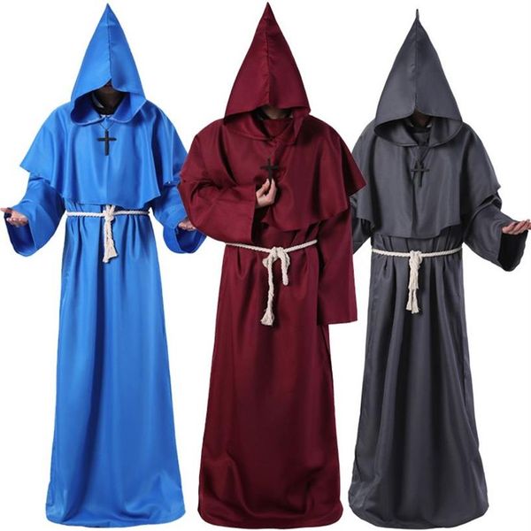 Vêtements de moine médiéval Costume à thème Assistant prêtre robe de mort cosplay jeu de rôle costumes d'Halloween avec ligne de taille et croix pendan245v