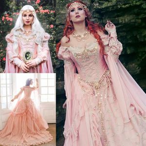 Middeleeuws Roze Baljurk Trouwjurken 2021 Vintage Halloween Schouderafhangend Royal Sleeve Lace Pearls Garden Gothic Lace-up Bridal 262j