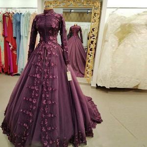 Middeleeuwse prinses baljurk moslim prom -jurken met appliques bloemen feestavond dragen hoge nek lange mouwen dubai avondjurken