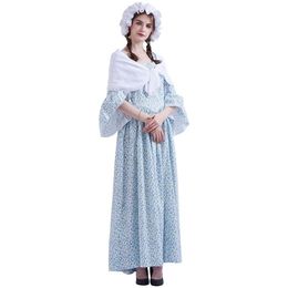 Costumes de la Renaissance médiévale Pèlerin Colonial Pèlerin Adulte Halloween Carnaval Fête Femme Robe Florale avec Bonnet Tenue Jaune252b