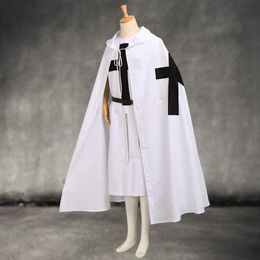 Ensemble Cape de chevaliers templiers médiévaux pour hommes, Costume de Cosplay de guerrier blanc pour Larp, tunique CAPE noire imprimée croix Ouitfit233o