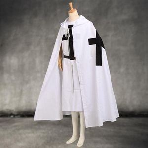 Middeleeuwse Tempeliers Mantel Set heren Cosplay White Warrior Larp Kostuum Tuniek CAPE Zwart Kruis Print Ouitfit3126