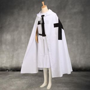 Middeleeuwse Tempeliers Mantel Set heren Cosplay White Warrior Larp Kostuum Tuniek CAPE Zwart Kruis Print Ouitfit294M