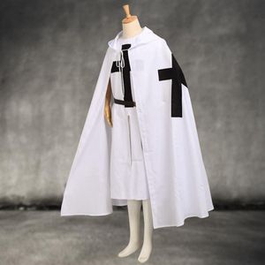 Middeleeuwse Tempeliers Mantel Set heren Cosplay White Warrior Larp Kostuum Tuniek CAPE Zwart Kruis Print Ouitfit256o
