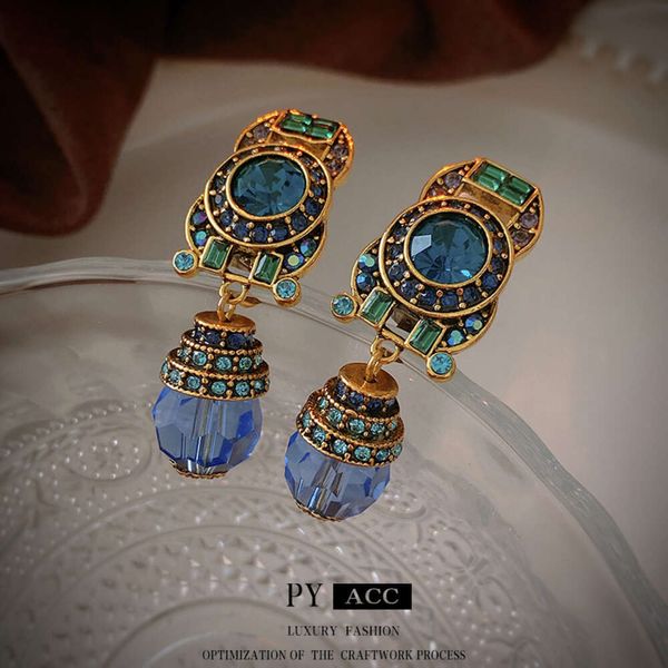 Médiéval vintage Blue Diamond Classed Drop Drop Niche sans trous, Clip d'oreille, boucles d'oreilles personnalisées